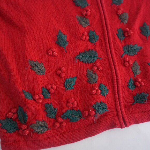 Vintage Dress Barn Red Black Embroidered Mistletoe Zip Knit Cardigan Sweater 18 - Picture 8 of 10